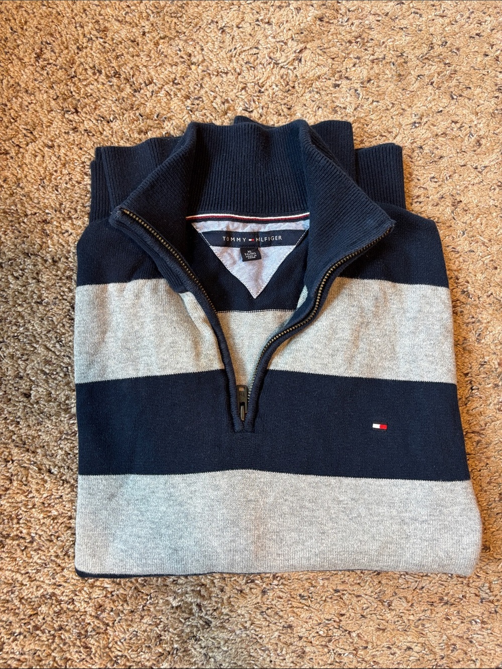 Tommy Hilfiger Men's Navy and Gray Striped Half-Zip Sweater